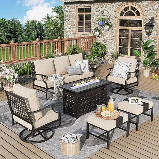 MIXPATIO Patio Furniture Set, 6 Pcs Metal Outdoor Conversation Set, 2 Swivel Chairs, 2 Ottomans and 3 Seater Sofa with 5.75" Extra Thick Cushion and Gas Fire Pit Table, Beige