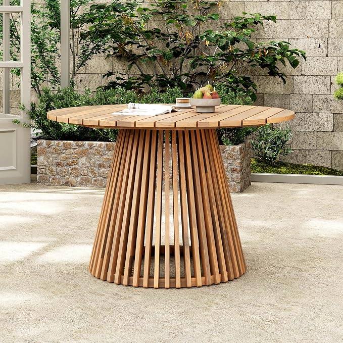 Round Acacia Wood Patio Dining Table, 47.25 Inch, Light Teak