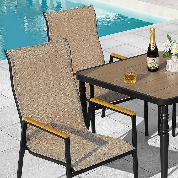 NUU GARDEN 5-Piece Patio Dining Set for 4, Wood-Grain Table with Umbrella Hole and 4 Stackable Textilene Chairs with Faux Wood Armrests, Black and Khaki