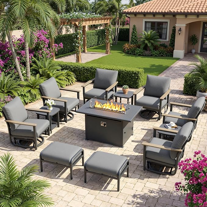 Aluminum Patio Swivel Rocking Chair Outdoor Bistro Set, 12pcs Patio Conversation Set Outdoor Patio Furniture Set with High Backrest & Thickened Cushions for Garden, Deck and Balcony, Grey