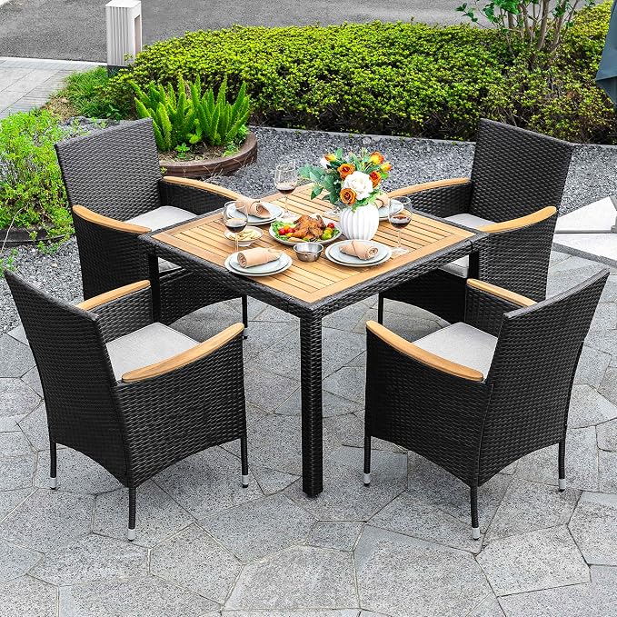 NUU GARDEN 5 Piece Patio Dining Set, Acacia Wood Table and Wicker Dining Chairs with Cushions, All Weather Outdoor Furniture for Balcony Garden Poolside, Black