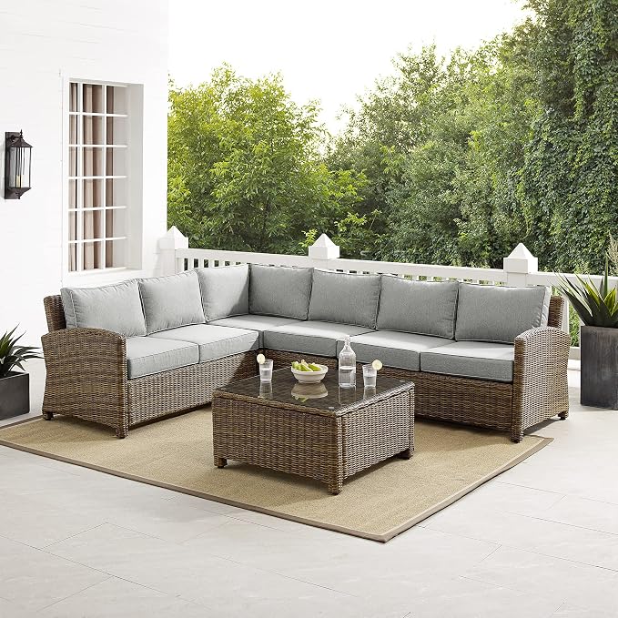 Crosley Furniture Bradenton 5-Piece Outdoor Sectional Sofa Wicker Conversation Patio Furniture Set for Deck, Brown with Gray Cushions