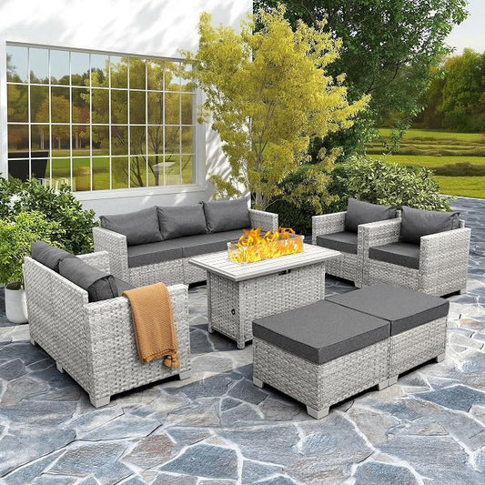 WAROOM Patio Furniture Set 7 Piece Grey Wicker Outdoor Conversation Sets PE Rattan Sectional Sofa with Propane Fire Pit Table and Anti-Slip Grey Cushion