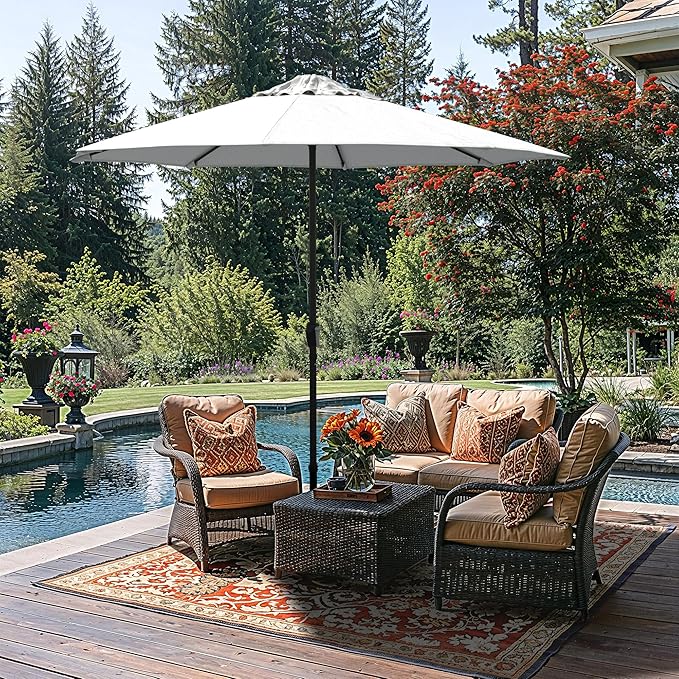 California Umbrella 8-Year Protection 9 Ft Outdoor Patio Umbrella, Solstice Fade-Resistant Fabric, Auto-Tilt, Heavy Duty Aluminum Frame, 8 Reinforced Ribs for Pool or Deck, Black Pole, White