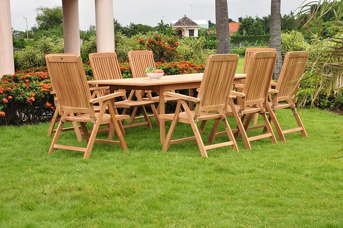 8 Seater Grade-A Teak Wood 9pc Dining Set: Large 117" Double Extension Rectangle Table and 8 Marley Reclining Arm Chairs #TSDSMR8