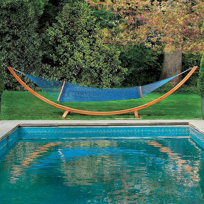 Hatteras Hammocks Large Coastal Blue DuraCord Rope Hammock – 13 ft. x 55 in., 2-Person, 450 lb Capacity, Cumaru Spreader Bar, Zinc-Plated Hardware – Handcrafted in The USA
