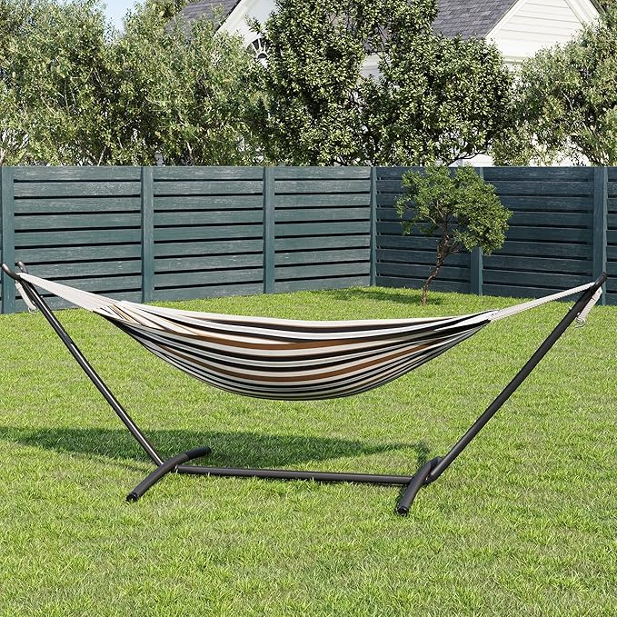 Heavy Duty Double Hammock with Steel Stand – 2 Person Cotton Hammock, 450lbs Capacity, Portable, Space-Saving, for Indoor Outdoor Garden, Patio, Camping, with Carry Bag, Brown