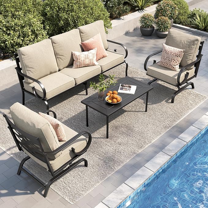 PHI VILLA Patio Furniture Set, 3-Seater Sofa, 2 Rocking Chairs and a Coffee Table, Outdoor Metal Conversation Set with 5.75" Extra Thick Cushion for Garden Backyard Deck, Beige