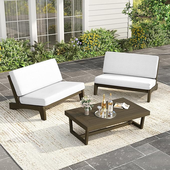 UIXE Wood Patio Furniture Sets, 3 Pieces All Weather Patio Loveseat Sofa Outdoor Sectional Futniture Backyard Conversation Set with Solid Wooden Coffee Table - Beige