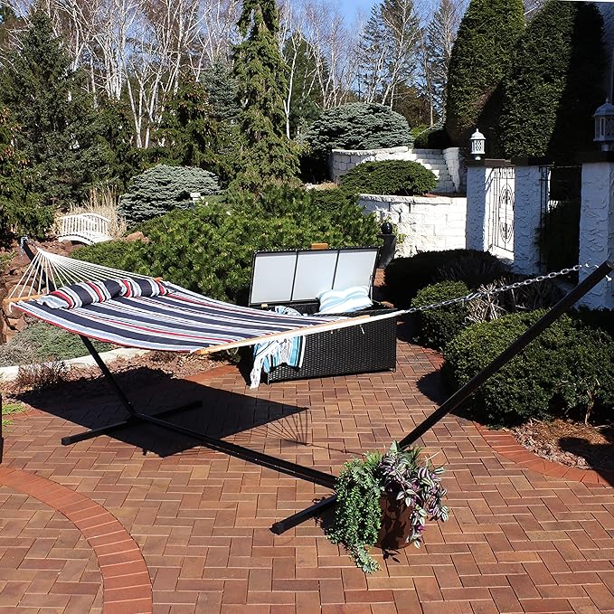 Sunnydaze Quilted Double Hammock with Stand for Outside - 400-Pound Capacity 2-Person Hammock with Stand - 15-Foot Stand - Nautical Stripe