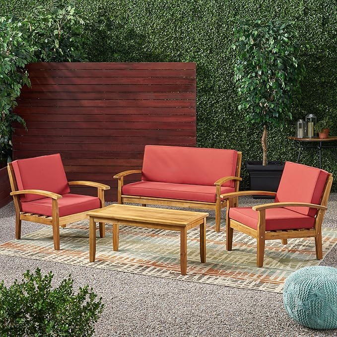 Christopher Knight Home Peyton Outdoor Wooden Chat Set with Cushions, 4-Pcs Set, Teak Finish / Red