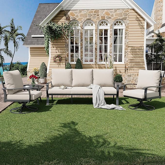 HOMREST Patio Furniture Sets 4 PCS Outdoor Metal Conversation Sets, 360 Degree Swivel Rocking Chairs Patio Conversation Set with Coffee Table and 3-Seat Sofa for Garden, Deck and Poolside