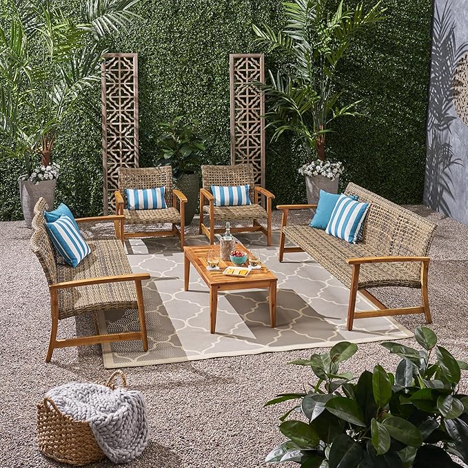 Christopher Knight Home Hamptom Outdoor 5 Piece Acacia Wood and Wicker Sofa Conversation Set, Gray