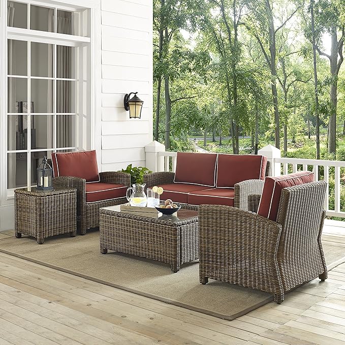 Crosley Furniture Bradenton 5-Piece Outdoor Loveseat Patio Furniture Set, Wicker Conversation Sets for Porch, Brown with Sangria Cushions