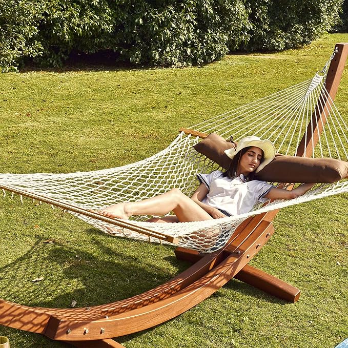 Lazy Daze Hammocks 12 FT Double Rope Hammock and 13 FT Natural Wood Arc Stand, 2 Person Hand Woven Cotton Hammock with Spreader Bar for Outdoor Patio Poolside, 450 lbs Capacity, Natural