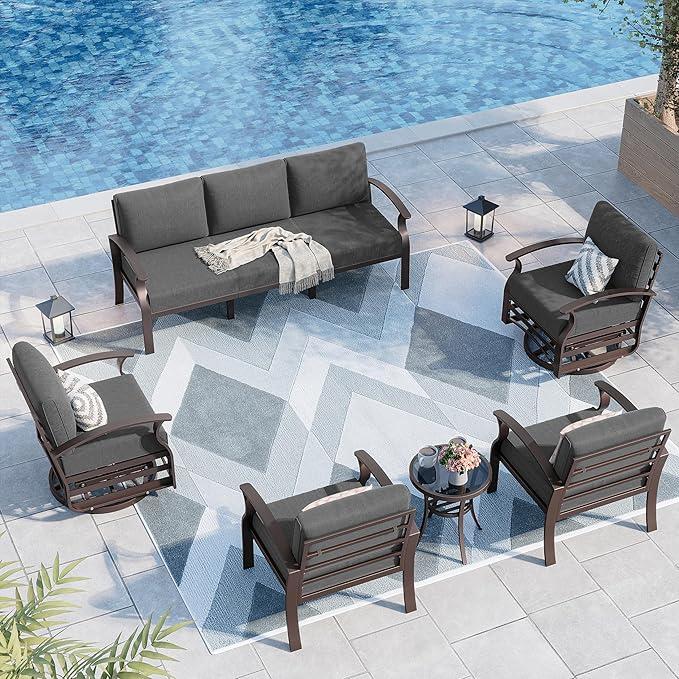 Kurapika Aluminum Patio Furniture Set Modern Outdoor Conversation Sets w/Swivel Rocking Chairs 7 Seats w/Swivel Chairs Black
