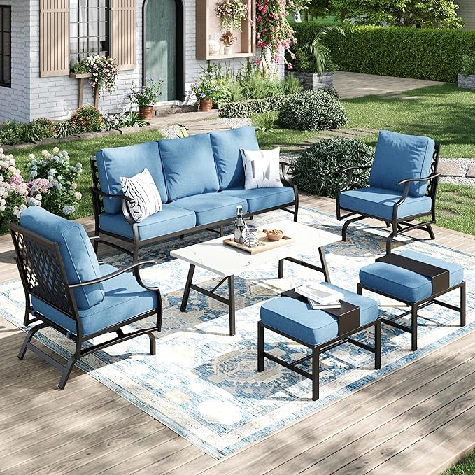 Patio Furniture Set 6 pcs, Outdoor Patio Furniture, 3-Seat Sofa, 2 Rocking Chairs, 2 Ottomans, Coffee Table and 5.75" Extra Thick Cushion, Conversation Set for Backyard Deck, Navy Blue