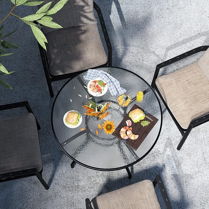JINLLY 32 Inch Patio Table with Umbrella Hole, Round Glass Patio Table, Outdoor Bistro Dining Tables with Tempered Glass Tabletop and Metal Frame for Outside, Garden, Balcony