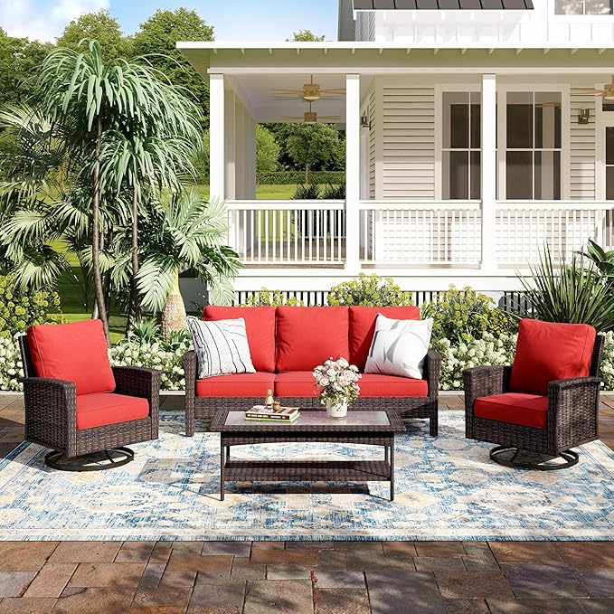4-Piece Wicker Patio Furniture Set with Swivel Chairs, High Back Outdoor Sofa with 5.5-inch Thick Cushion, All-Weather Wicker Patio Conversation Set for Deck Yard Pool, Red