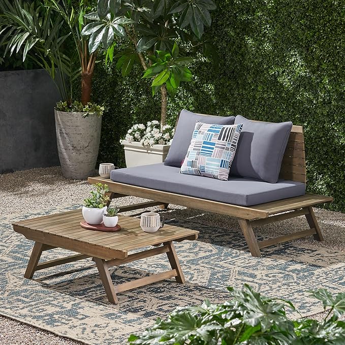 Christopher Knight Home Sedona Outdoor Acacia Wood Loveseat and Coffee Table Chat Cushion Patio Furniture Conversation Sets, 65 "W x 28.25 "D x 29.5 "H, Gray + Dark Gray