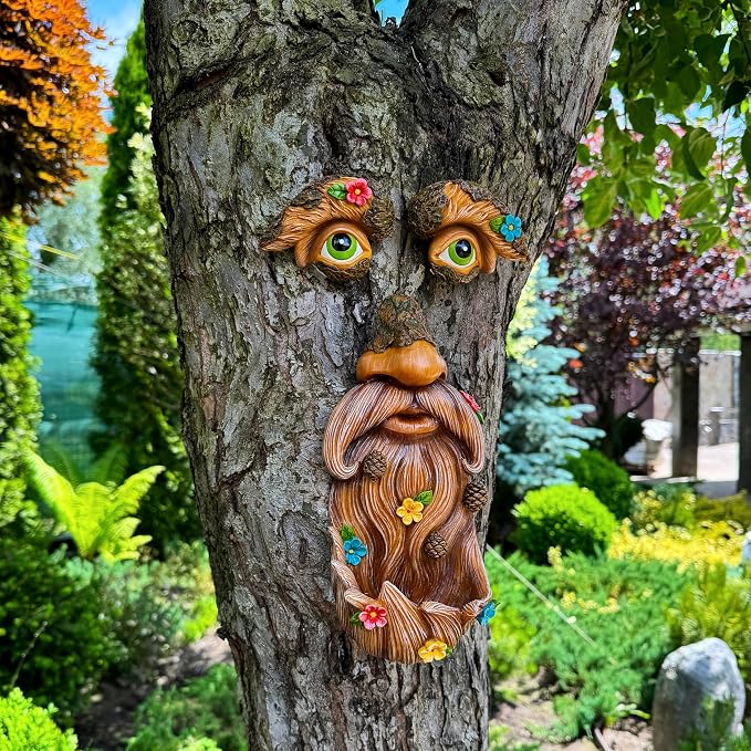Mood Lab Tree Face Decor with Flowers - Outdoor Old Man Face Decoration - Tree Garden Hugger - Yard Art Statue