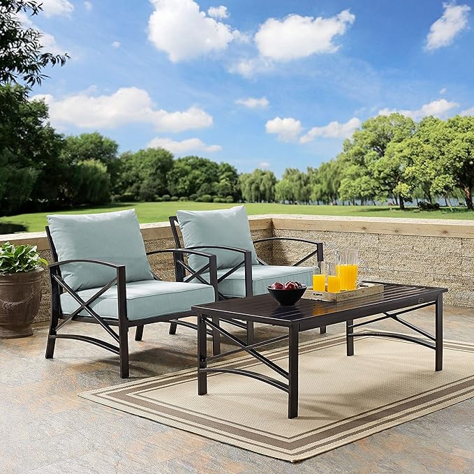 Crosley Furniture Kaplan 3-Piece Outdoor Chair and Coffee Table Set, Wicker Patio Conversation Sets for Deck, Oiled Bronze with Mist Cushions