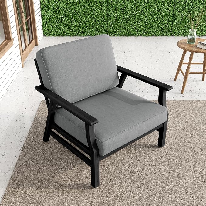 3 Piece Wood Patio Chair Outdoor Bistro Set, Outdoor Armchair All Weather Patio Sofa Furniture Backyard Conversation Sets with Dark Wooden Side Table, Grey