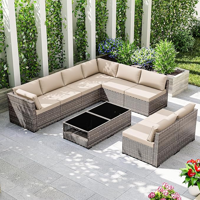 Joyside 10-Piece Patio Furniture Set, Rattan Outdoor Sectional Wicker Patio Conversation Set with Cushions and Coffee Table