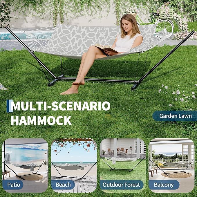 GarveeLife 2 Person Double Hammock with Stand and Pillow - 450 Lbs Capacity Heavy Duty Hammock with Balance Rope, Large Outdoor Hammock for Patio Backyard Poolside
