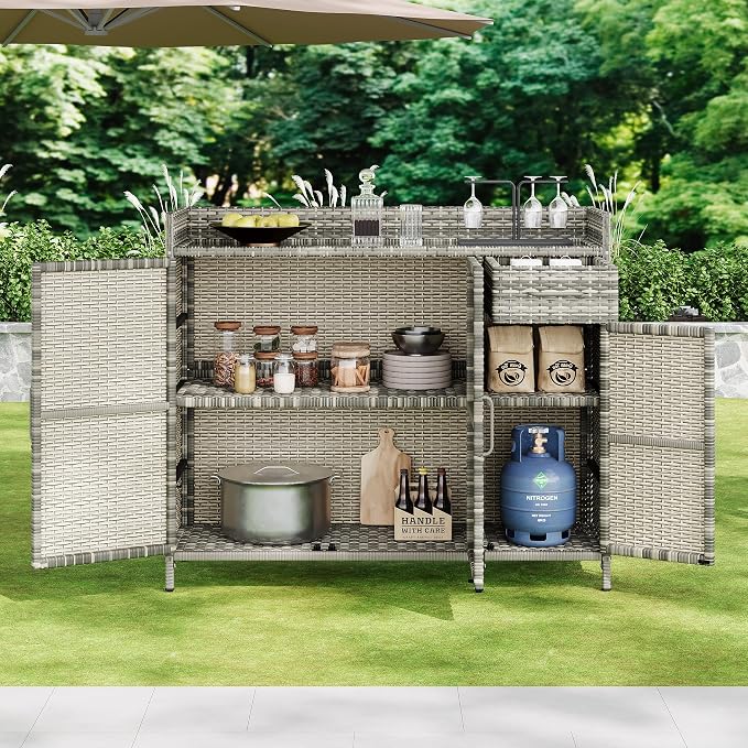 47.5" W Wicker Outdoor Storage Cabinet with Tempered Glass Desktop, Adjustable Shelf, Drawer, and Three Doors – Weather-Proof Rattan Bar Table for Outdoor Cushions and Pool Toys