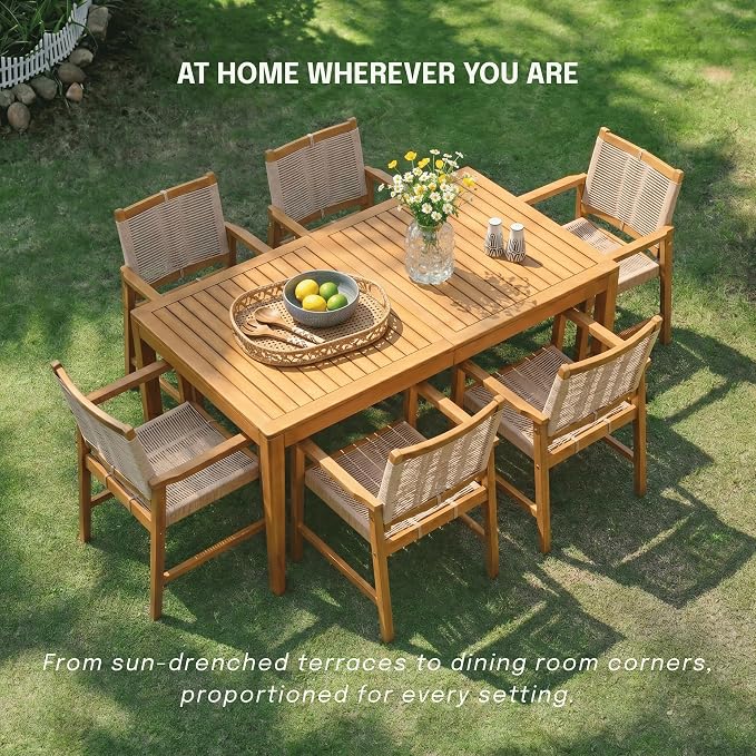 NTC Noma 63 Inch Solid Wood Dining Table and 6 Luno Chairs, Weather Resistant Patio Table for Patio Dining Sets, Backyard, Deck & Dining Room, Easy Assembly, Natural