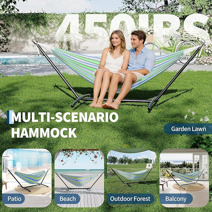 2 Person Hammocks with Stand for Outside, Double Hammocks Portable Space Saving Heavy-Duty Steel Stand for Indoor Outdoor Patio with Carrying Bag, 450 lbs Capacity