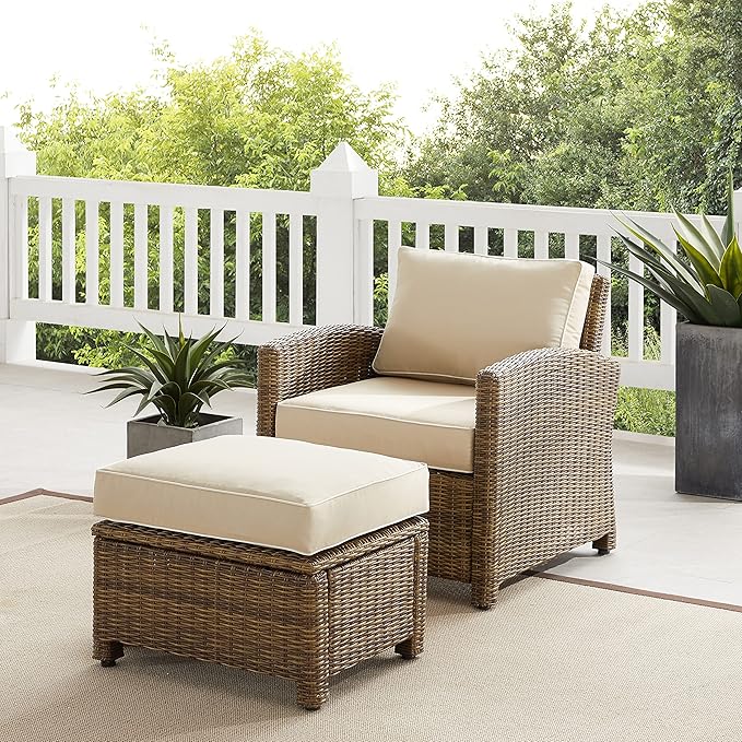 Crosley Furniture Bradenton 2-Piece Outdoor Chair and Ottoman Set, Wicker Patio Conversation Sets for Porch, Brown with Sand Cushions