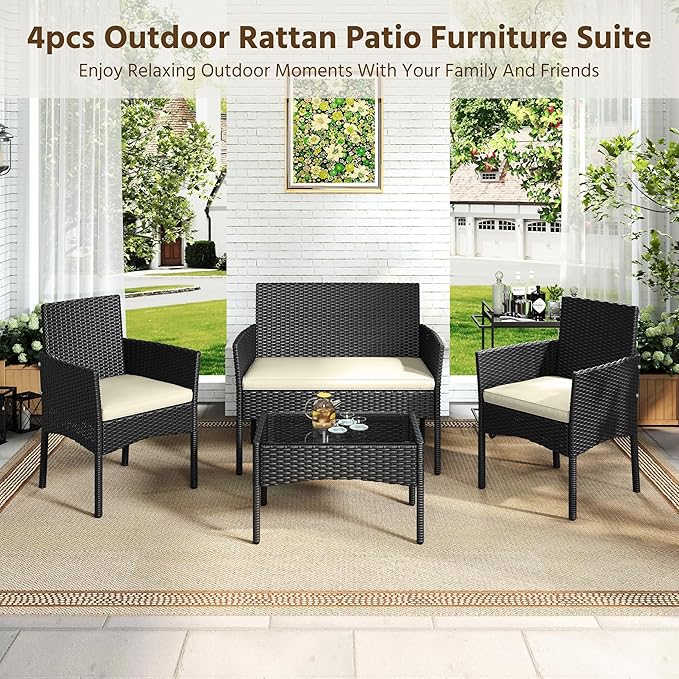 Yaheetech Patio Furniture Set 4 Pieces Conversation Sets, Rattan Chair Wicker Set Loveseat with Soft Cushion and Glass Table for Backyard Porch Garden Poolside Balcony, Black and Beige