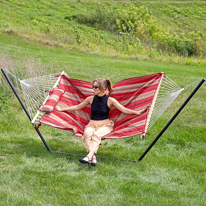 Sunnydaze Rope Hammock with Stand for Outside- 275-Pound Capacity - Includes 12-Foot Hammock Stand, Spreader Bar, Pad, and Pillow - Green Stripe