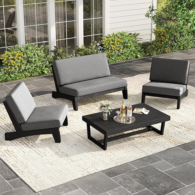 UIXE Black Wood Patio Furniture Sets, 4 Pieces All Weather Outdoor Sectional Futniture Patio Sofa Chair Backyard Conversation Set with Solid Wooden Coffee Table - Light Gray