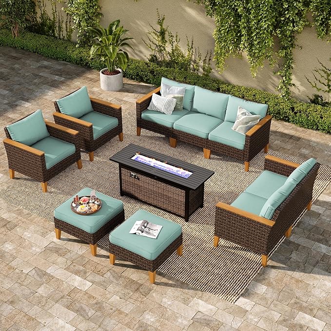 PHI VILLA 9-Seat Outdoor Wicker Furniture Set with 4-inch Thick Cushions, High Back Wicker Sofa with Gas Fire Pit Table for Cozy Patio Conversations in Blue (Loveseat)