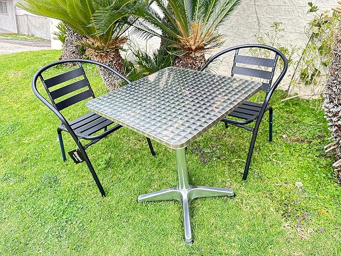 BTEXPERT Indoor Outdoor Restaurant Stainless Steel Aluminum Metal Slat Stack Commercial Lightweight, 2 Chairs with a 27.5" Square Table, Silver/Black