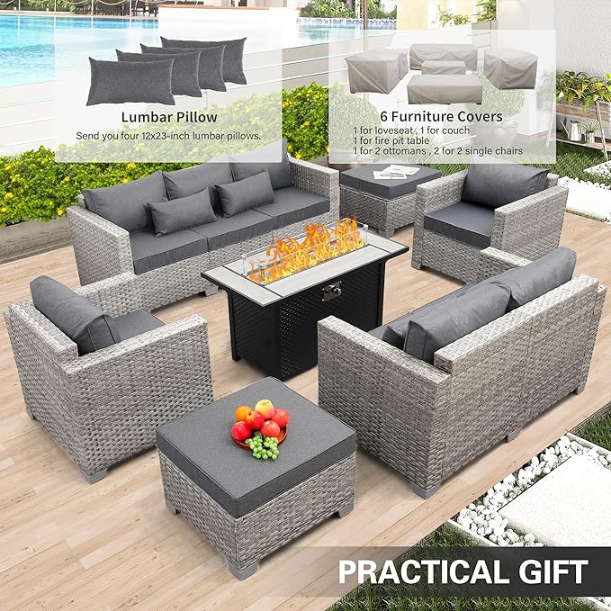 WAROOM Patio Furniture Set 7 Piece Grey Wicker Outdoor Conversation Sets PE Rattan Sectional Sofa with Large Fire Pit Table and Anti-Slip Grey Cushion