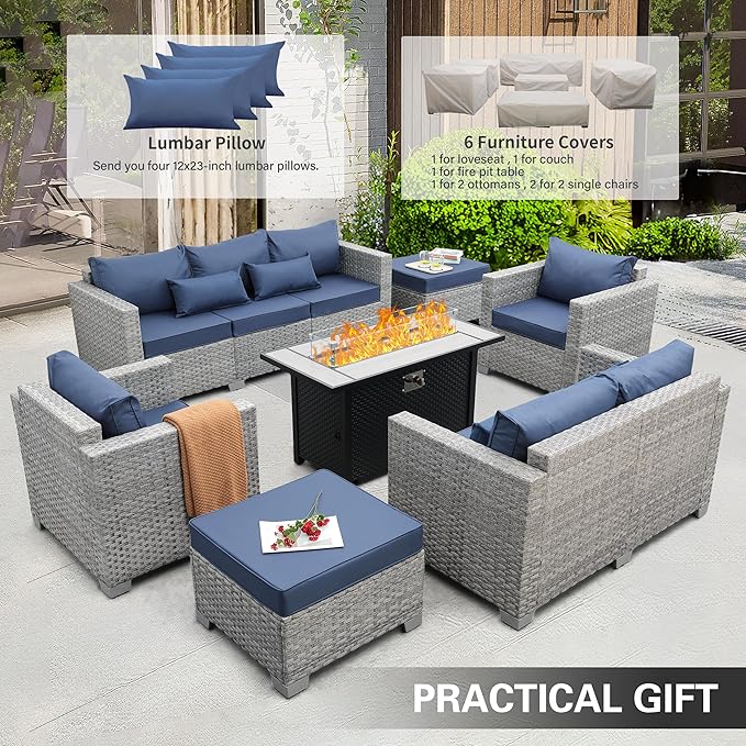 WAROOM Patio Furniture Set 7 Piece Grey Wicker Outdoor Conversation Sets PE Rattan Sectional Sofa with Large Fire Pit Table and Anti-Slip Navy Blue Cushion