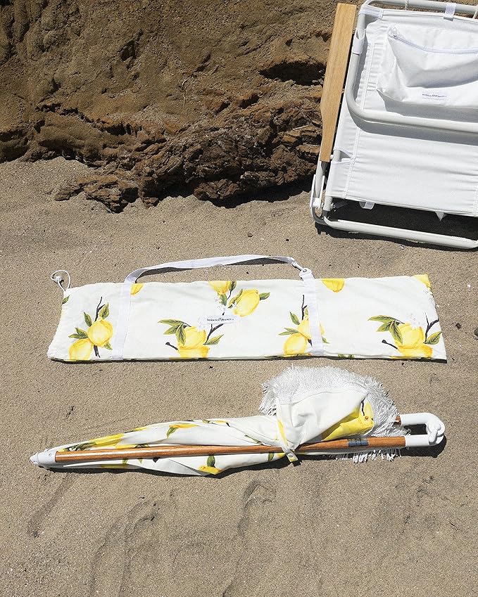 Business & Pleasure Co. Holiday Umbrella - Boho Beach Umbrella with White Fringe, UPF 50+, 1" Tilting Wood Pole, 5’ x 6.5’, Vintage Lemons