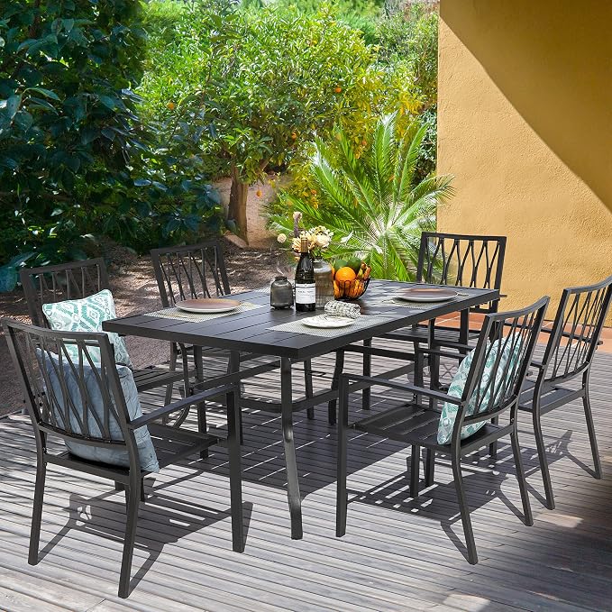 NUU GARDEN 7 Piece Patio Dining Set, 61" Rectangular Outdoor Metal Dining Table with Umbrella Hole, Stackable Outdoor Dining Chairs for Backyard, Deck, Yard, Garden, Black