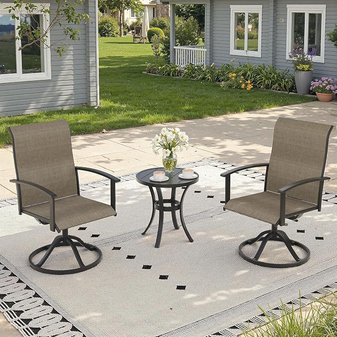 3 Pieces Small Patio Dining Set, Outdoor Furniture of 18.5" Round Patio Side Table & Patio Swivel Chairs for Backyard Lawn Garden, Black Table and Mixed Brown Chairs
