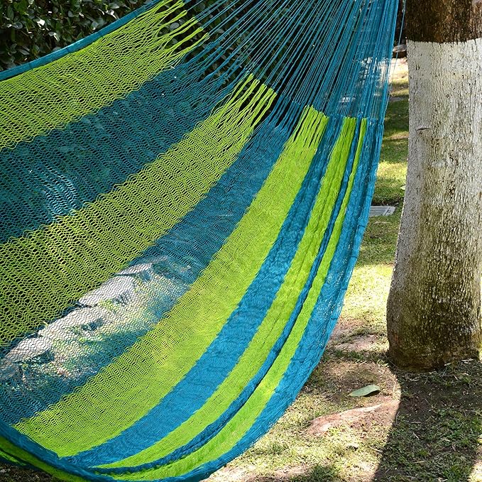 NOVICA Bright Yellow Teal Striped Hand Woven Nylon Mayan 1 Person Rope Hammock with Hanging Accessories, 'Neptune' (Single)