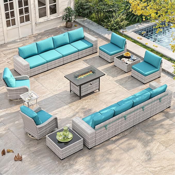 16 Piece Outdoor Wicker Rattan Sectional Sofa Set with Swivel Chairs & Fire Pit Table, 12-Seats with 4" Thickened Cushions & Coffee Table, All-Weather PE Rattan for Garden, Backyard, Porch, Turquoise