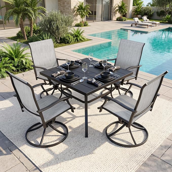 NUU GARDEN 5-Piece Patio Dining Set, Outdoor Dining Set, Slatted Patio Table with Umbrella Hole, Textilene Swivel Chairs with High Backrest, Outdoor Table and Chairs, Black and Light Gray