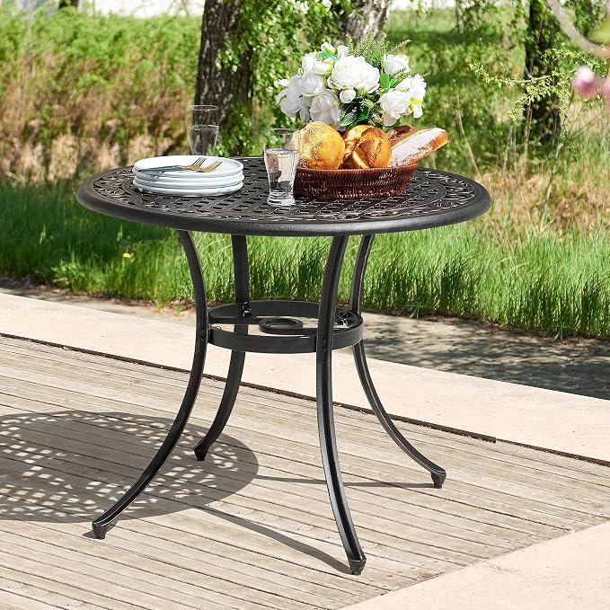 NUU GARDEN 35 Inch Patio Dining Table with Umbrella Hole, Outdoor Cast Aluminum Bistro Table, Black with Antique Bronze at The Edge