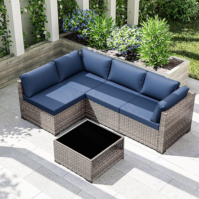 Joyside 5-Piece Patio Furniture Set, Rattan Outdoor Sectional Wicker Patio Conversation Set with Cushions and Coffee Table