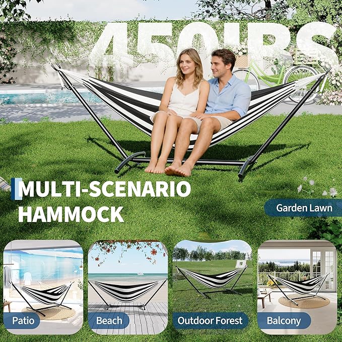 Double Hammocks with Stand for Outside, Portable Space Saving Heavy-Duty Steel Stand for Indoor Outdoor Patio with Carrying Bag, 450 lbs Capacity