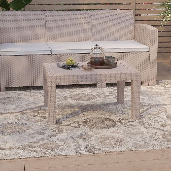 Merrick Lane Malmok Outdoor Furniture Patio Table - Light Gray Faux Rattan Wicker Pattern Coffee Table - All-Weather Use - Wood Plank Top Design